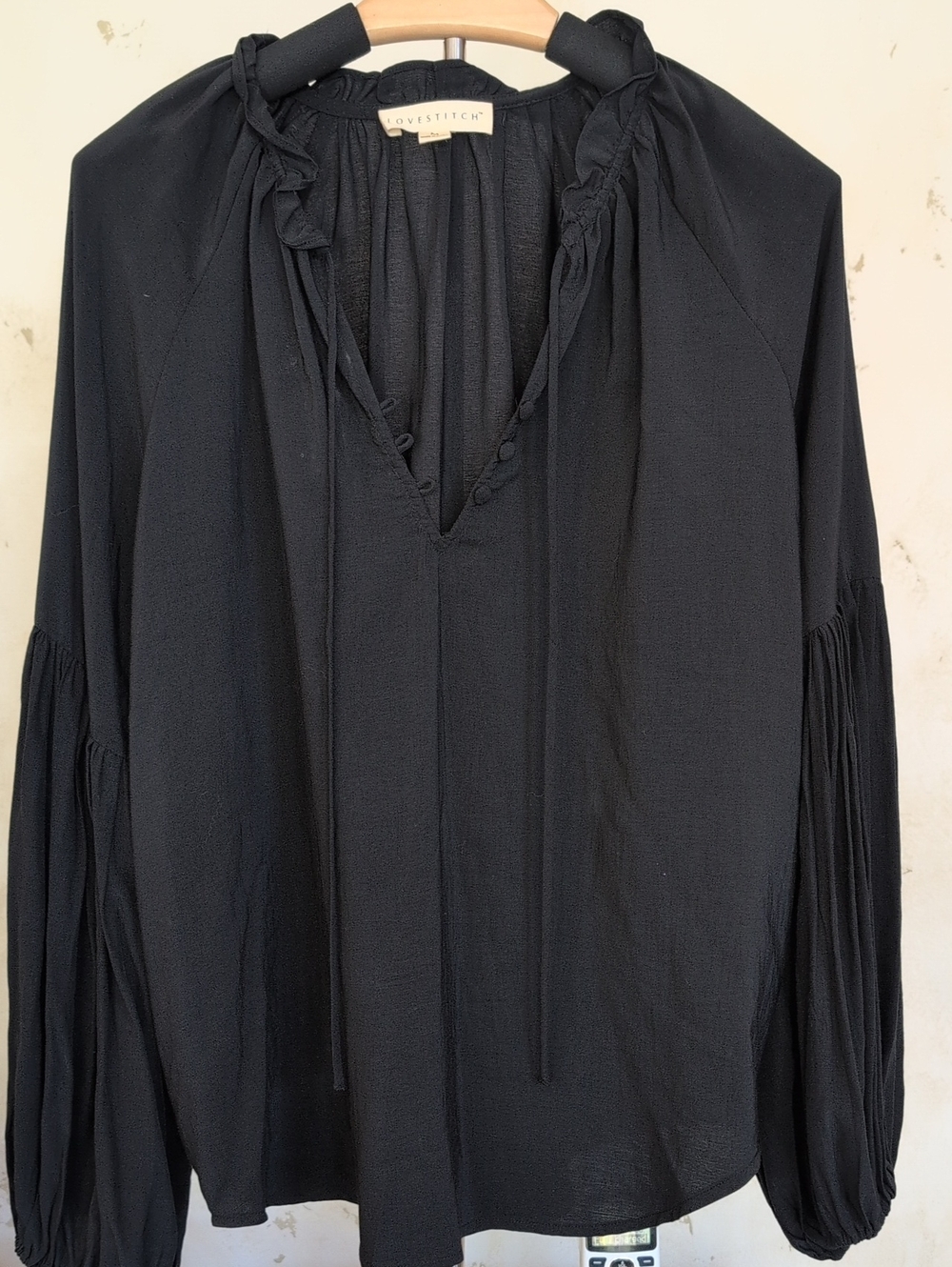 lovestitch Silky Boho Romantic Black Balloon-Sleeve V-Neck Peasant Blouse